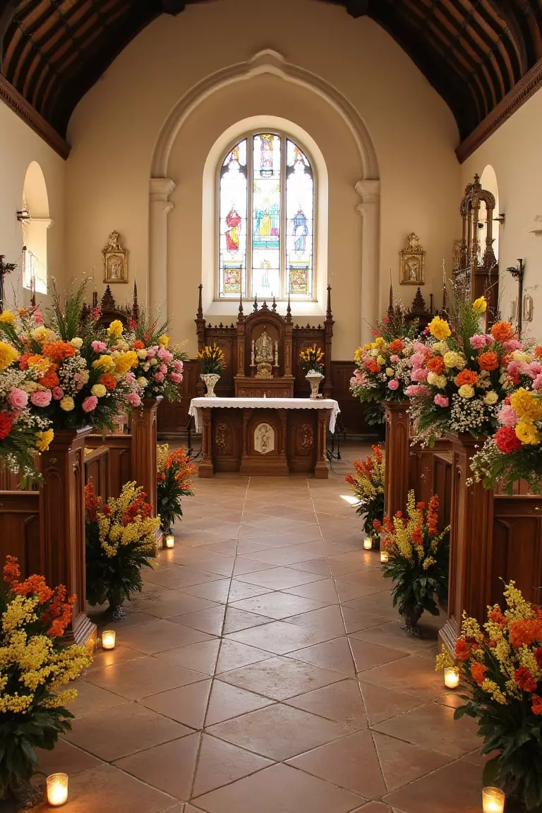 Autumnal Aisle and Altar Flowers A photo of church aisle and altar decorated with flowers in rustic oranges, yellows, and pinks