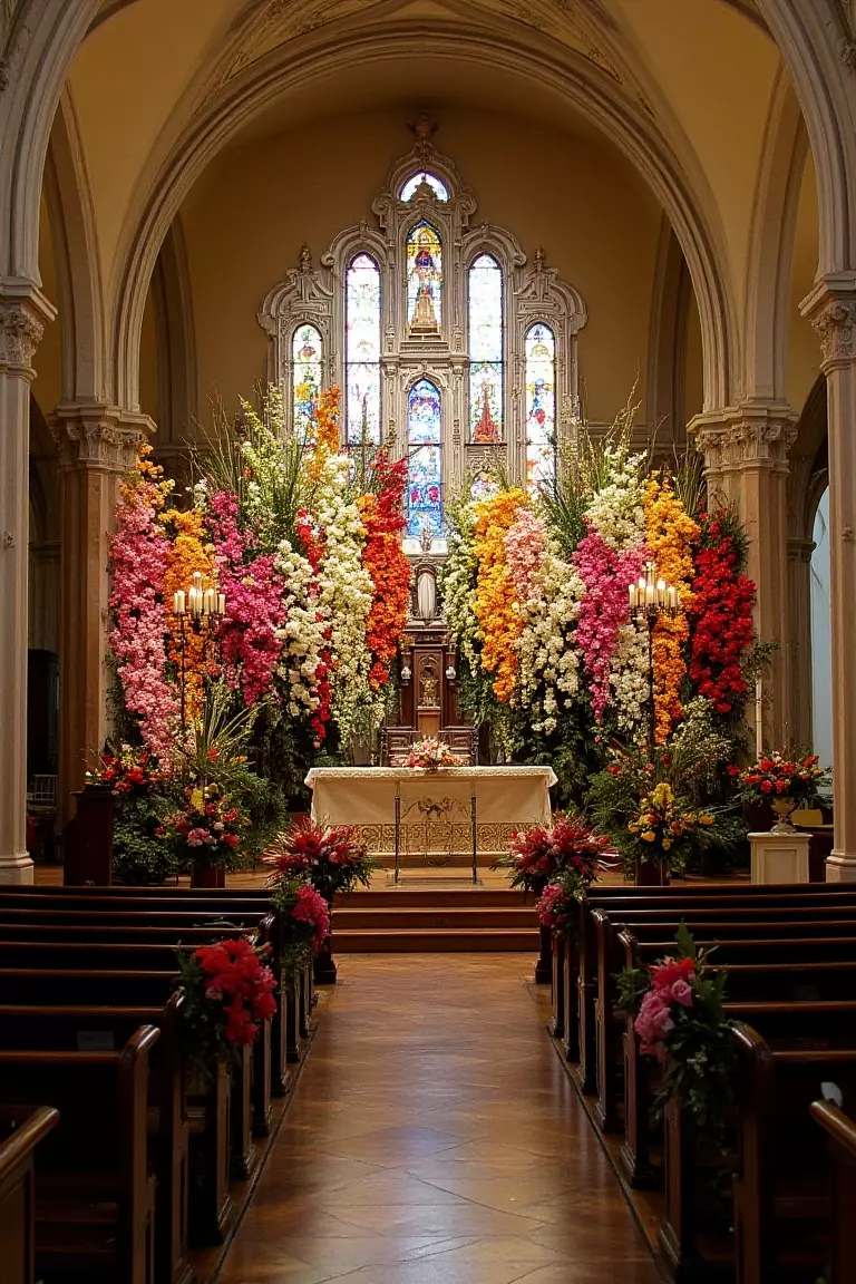 Large-Scale Flower Arrangements A photo of dramatic, colorful flower arrangements in an ornate church, with smaller bouquets on the front pews