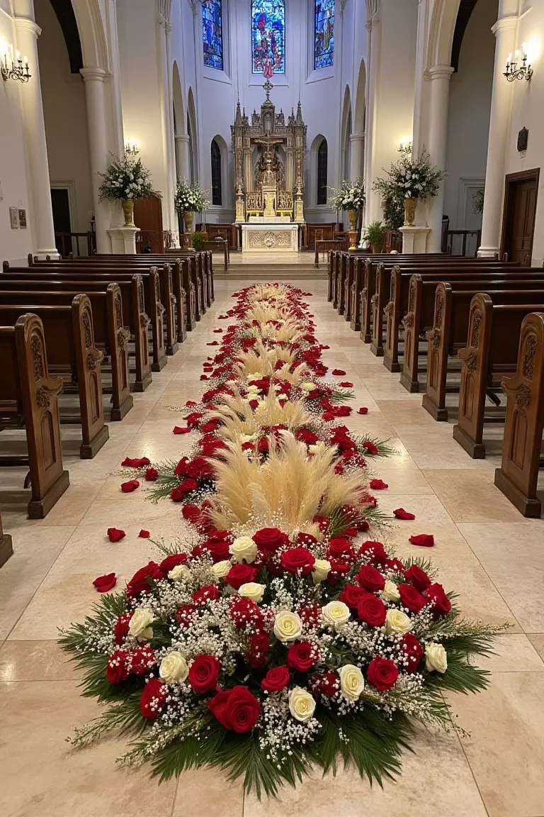 Lush Floor Flowers A photo of overflowing floor arrangements with roses and pampas grass marking a church altar