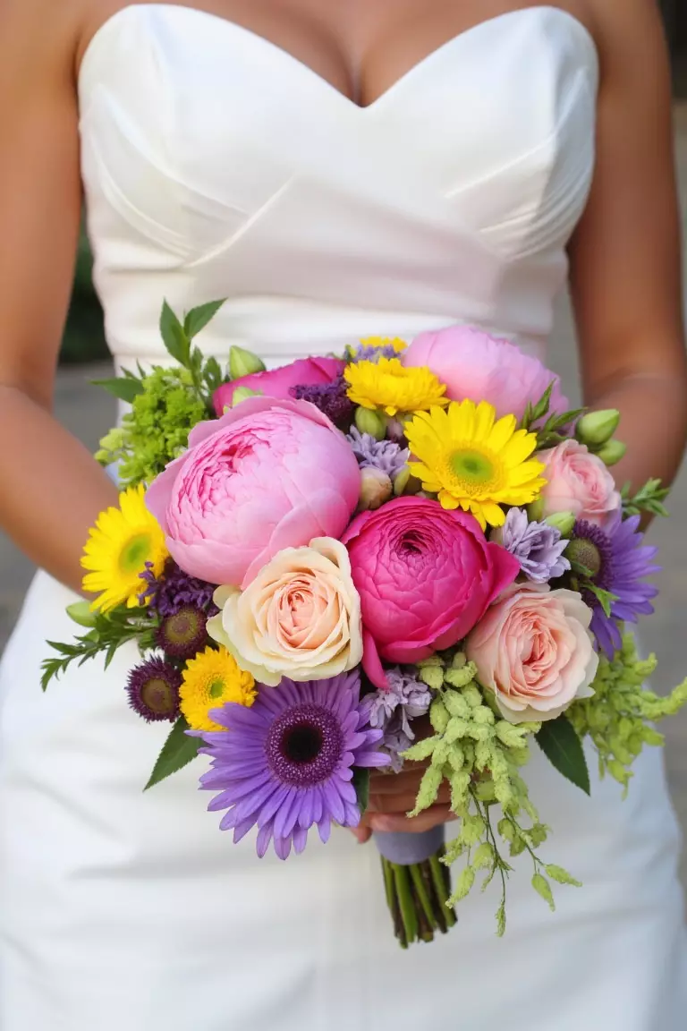 Peonies and Alliums A photo of a bride holding a vibrant bouquet of peonies, roses, alliums, sweet pea, and chrysanthemums in pink, yellow, purple, and green hues