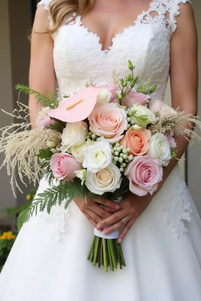 Anthurium and Roses A photo of a bride holding an eclectic bouquet of pale pink anthurium and roses, sweet pea, wispy fern, and rice flowers with contrasting shapes and textures