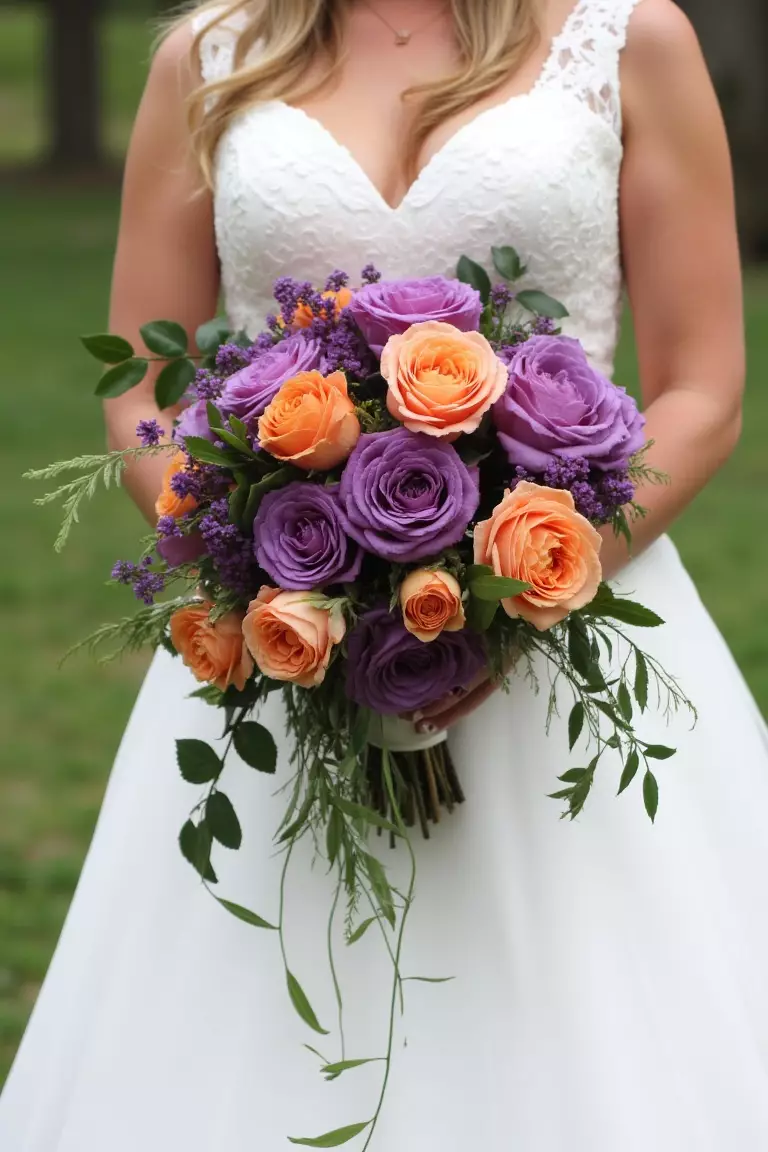 Roses and Trailing Greens A photo of a bride holding a loose and wild bouquet of purple and orange roses with trailing greens for a cascading effect