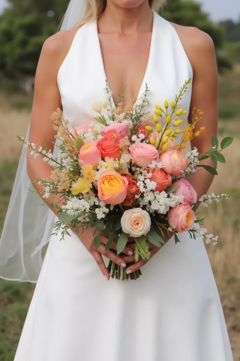 Acacia and Sweet Pea A photo of a bride holding a modern, colorful bouquet of acacia and sweet pea for a casual, global, and romantic wedding