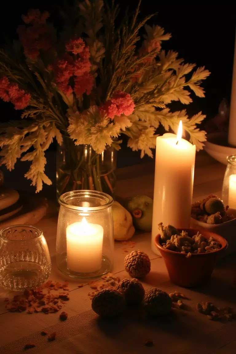 Candlelit Wildflower Arrangement A photo of wildflowers arranged around flickering candles on a dining table, creating an intimate ambiance for evening gatherings.