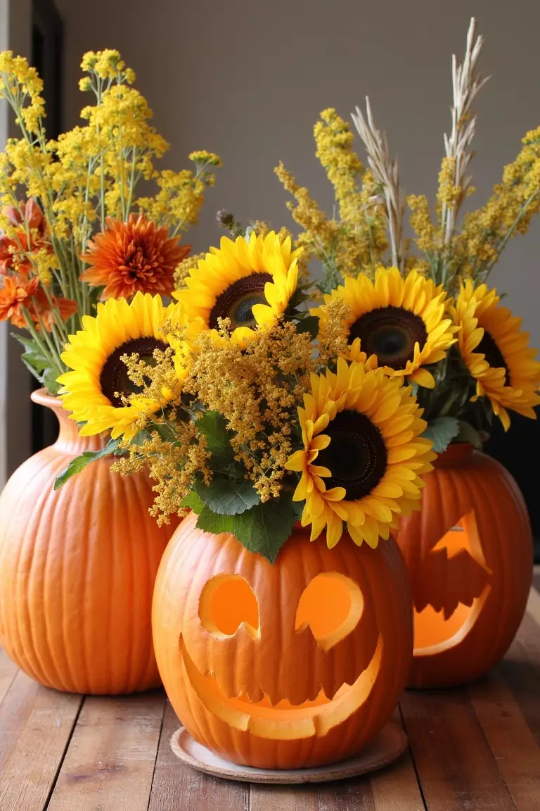 Autumn Harvest Wildflower Centerpiece A photo of carved pumpkin vases with sunflowers, mums, and goldenrod on wooden tables