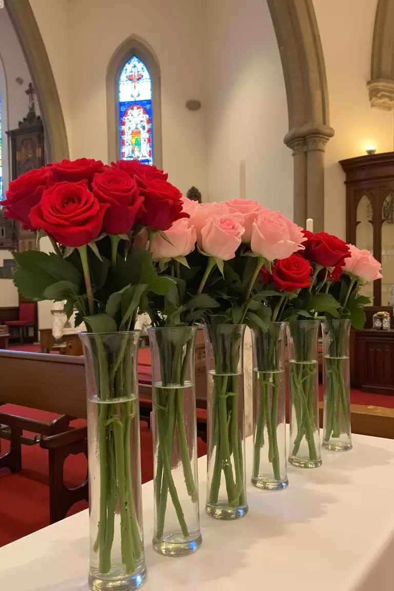 Tall Glass Flower Vases A photo of slender glass vases filled with pink and red roses decorating a church altar