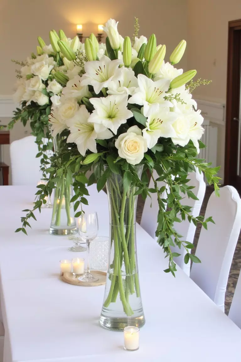 Sophisticated Elegance Wildflower Centerpiece A photo of tall crystal vases with white lilies, roses, and ivy on crisp white tablecloths
