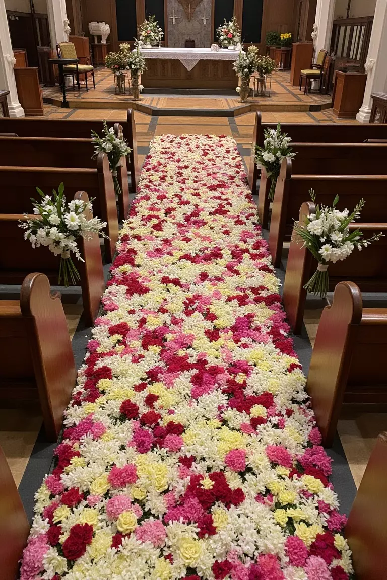 Flower Blanket Church Wedding Decorations A photo of a church altar covered in a sweeping blanket of flowers, with matching bouquets on each pew