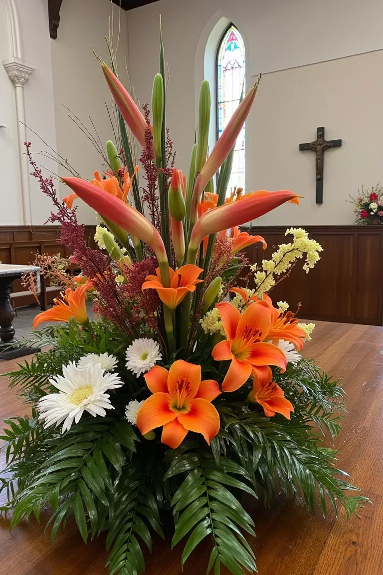 Tropical Calla Lily Altar Flowers A photo of orange calla lilies and hammock ferns in modern arrangements decorating a traditional church altar