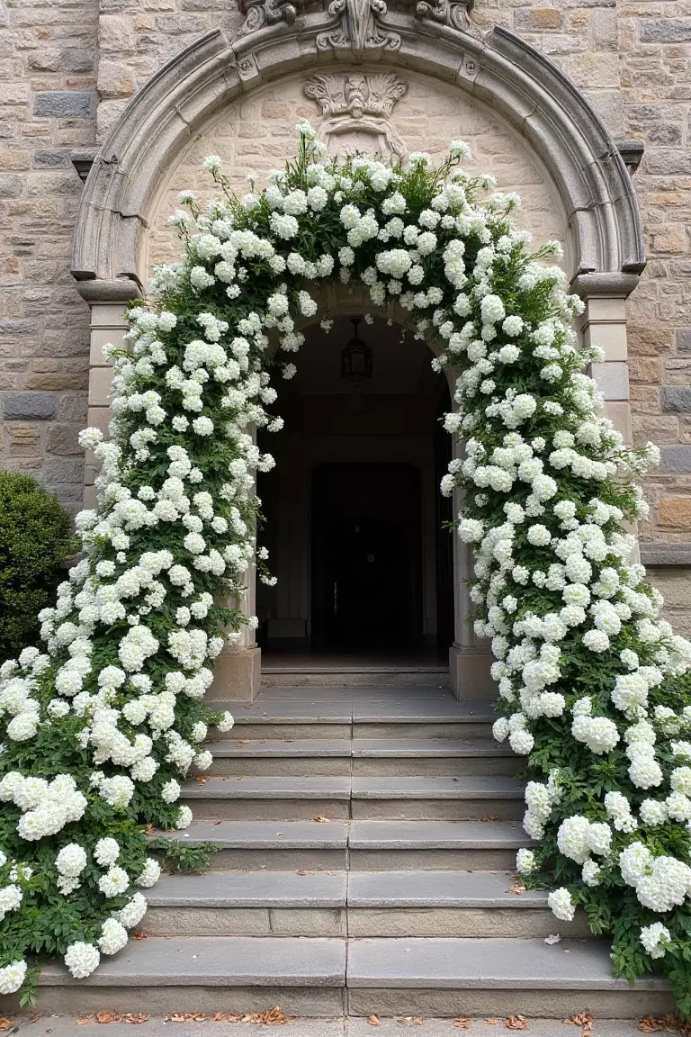 A photo of a church entrance with cascading white flowers and greenery framing both sides of the steps
