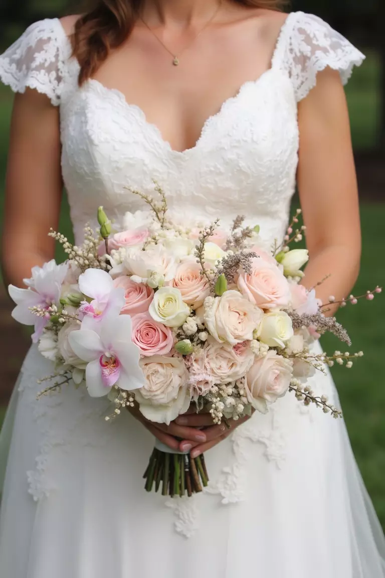 Roses and Orchids A photo of a bride holding a textured bouquet of blush and ivory roses, orchids, and berries