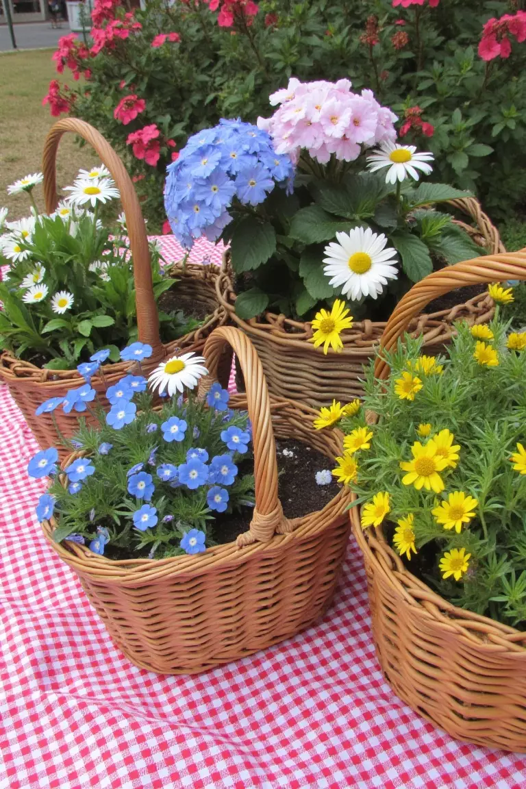 Charming Cottage Wildflower Centerpiece A photo of wicker baskets with daisies, pansies, and forget-me-nots on gingham linens