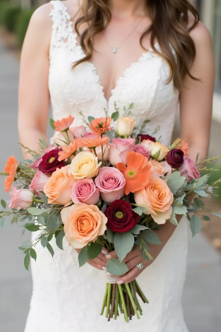 Roses and Cosmos A photo of a bride holding a bouquet of muted pink and orange roses and cosmos, rethinking the spring color palette