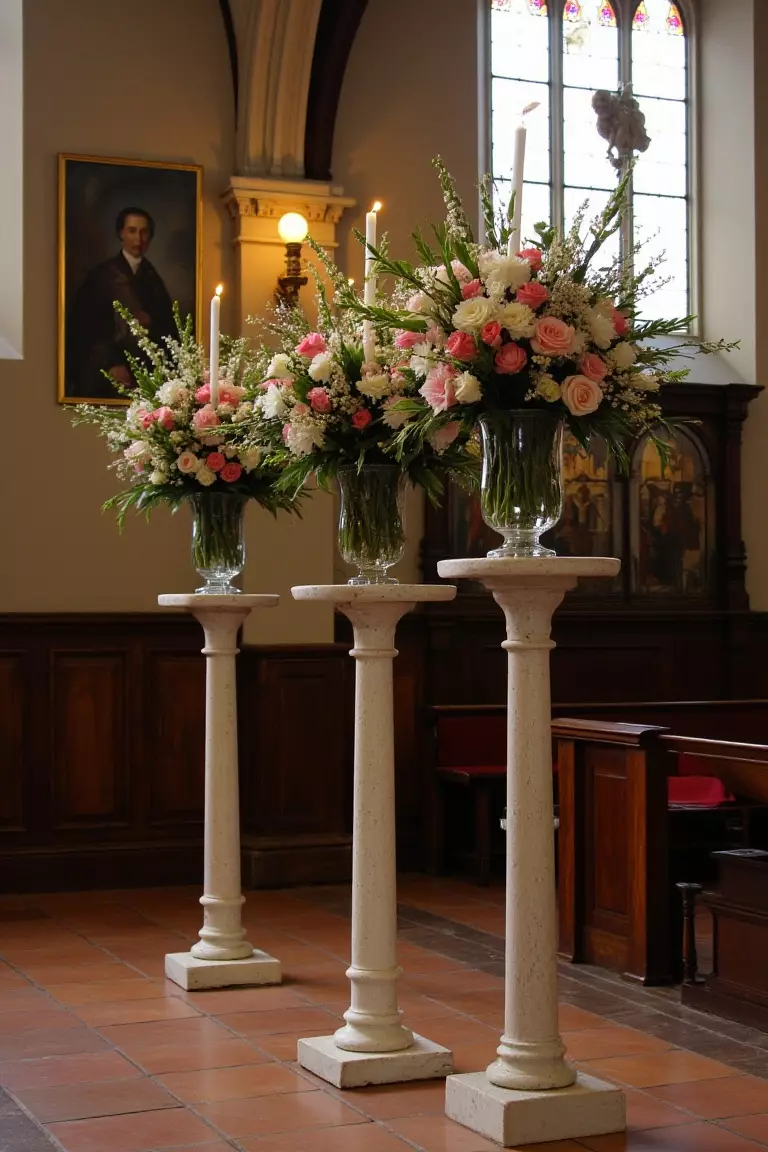 Skinny Pedestal Arrangements A photo of flower arrangements on slender pedestals with glass votive candles in a historic chapel