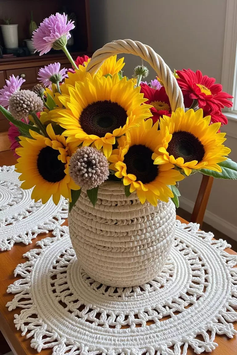 Boho Beauty Wildflower Centerpiece A photo of a woven basket with sunflowers, zinnias, and asters on macramé placemats