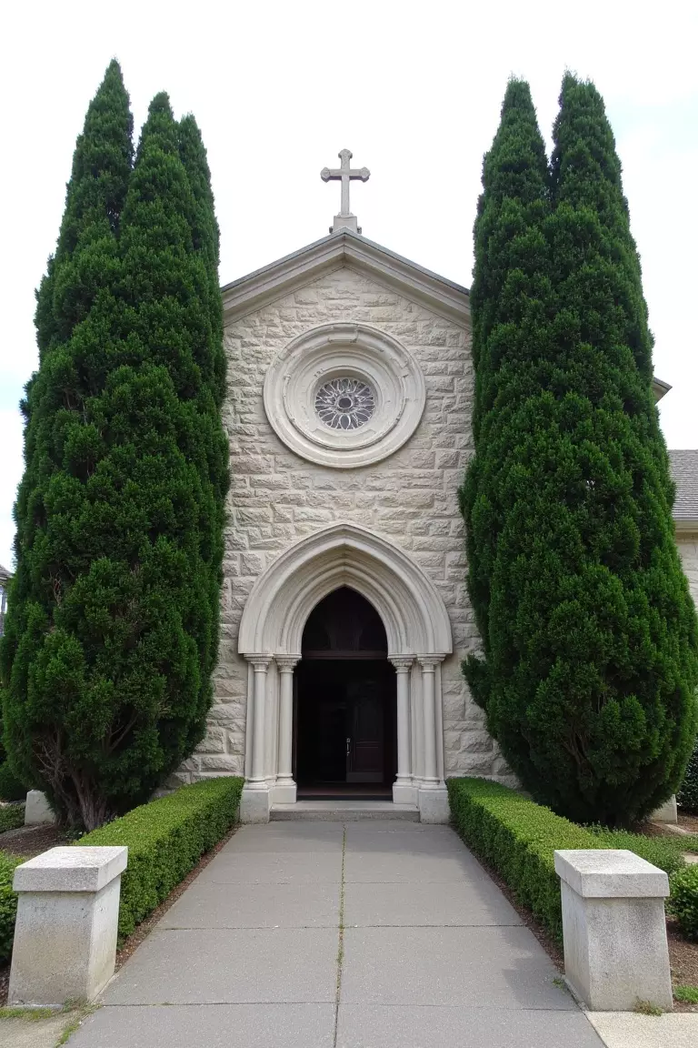 Pair of Arborvitae Trees A photo of two tall arborvitae trees flanking a church entrance