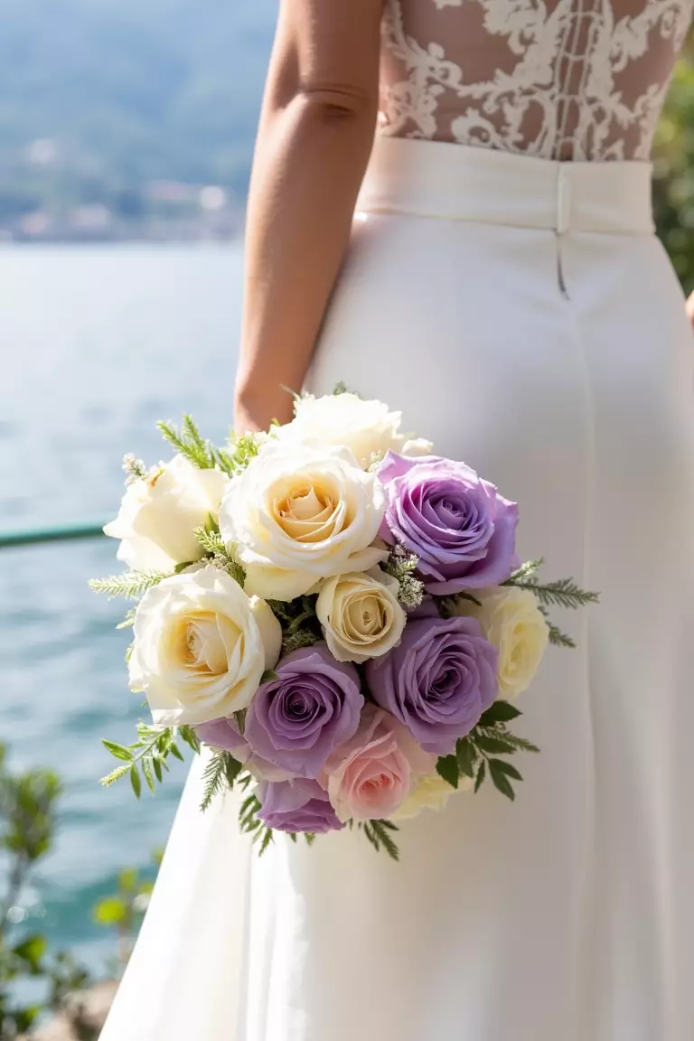 A Mix of Romantic Roses A photo of a bride carrying a romantic bouquet of cream, purple, and pink roses against a Lake Como backdrop