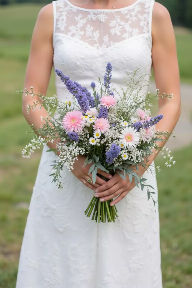 Astrantia and Baby's Breath A photo of a bride holding a carefree bouquet of pink astrantia, baby's breath, eucalyptus, lavender larkspur, baby white daisies, nigella, and blue thistle against a patterned dress in Virginia hills