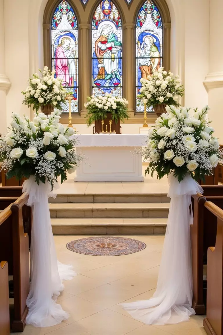 White Altar Arrangements A photo of two large white flower arrangements flanking a church altar, with tulle and baby's breath pew decorations