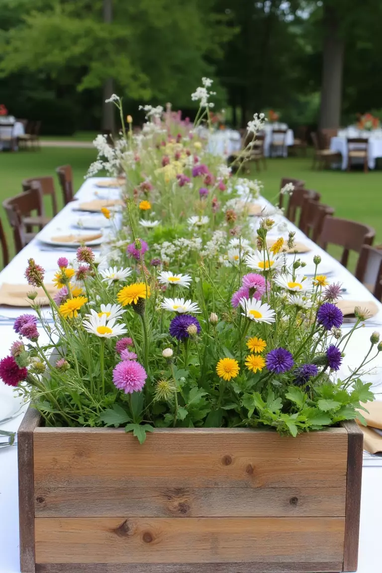Seasonal Wildflower Box A photo of a wooden box overflowing with seasonal wildflowers like daisies and clover, placed at the center of an outdoor dining setup.