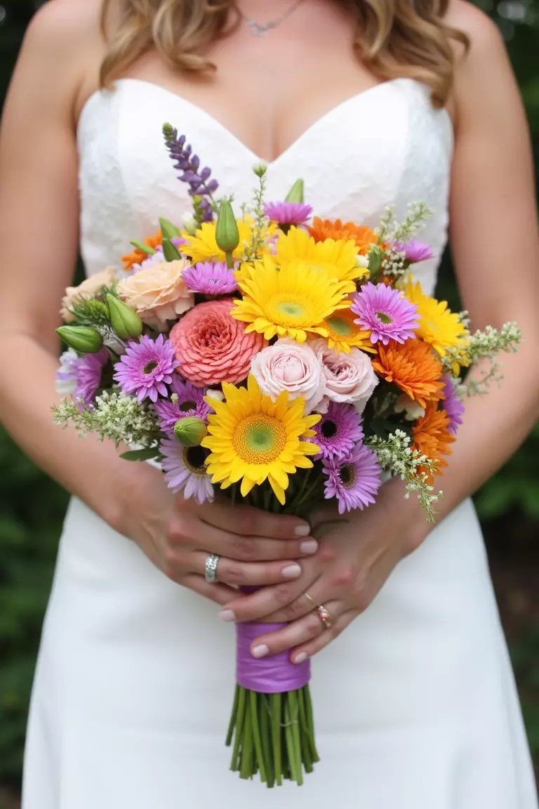 Daisies and Snapdragons A photo of a bride holding a whimsical, rainbow-colored bouquet of daisies, snapdragons, mums, and allium