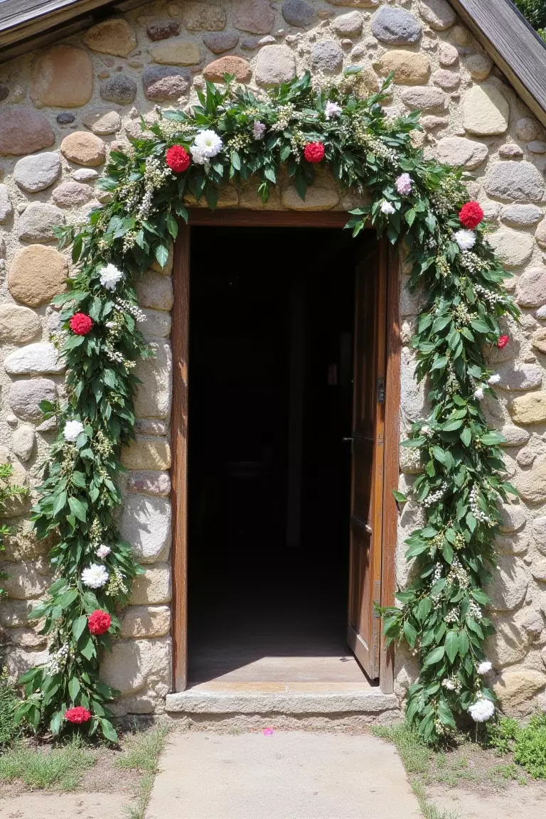 Leafy Entrance Garland A photo of a simple garland of leaves and flowers draped over a rustic mountain chapel entrance