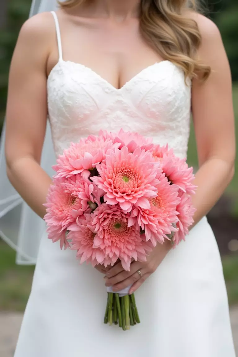 Dinner Plate Dahlias A photo of a bride holding a stunning, textured bouquet focused on fluffy dinner plate dahlias in pink