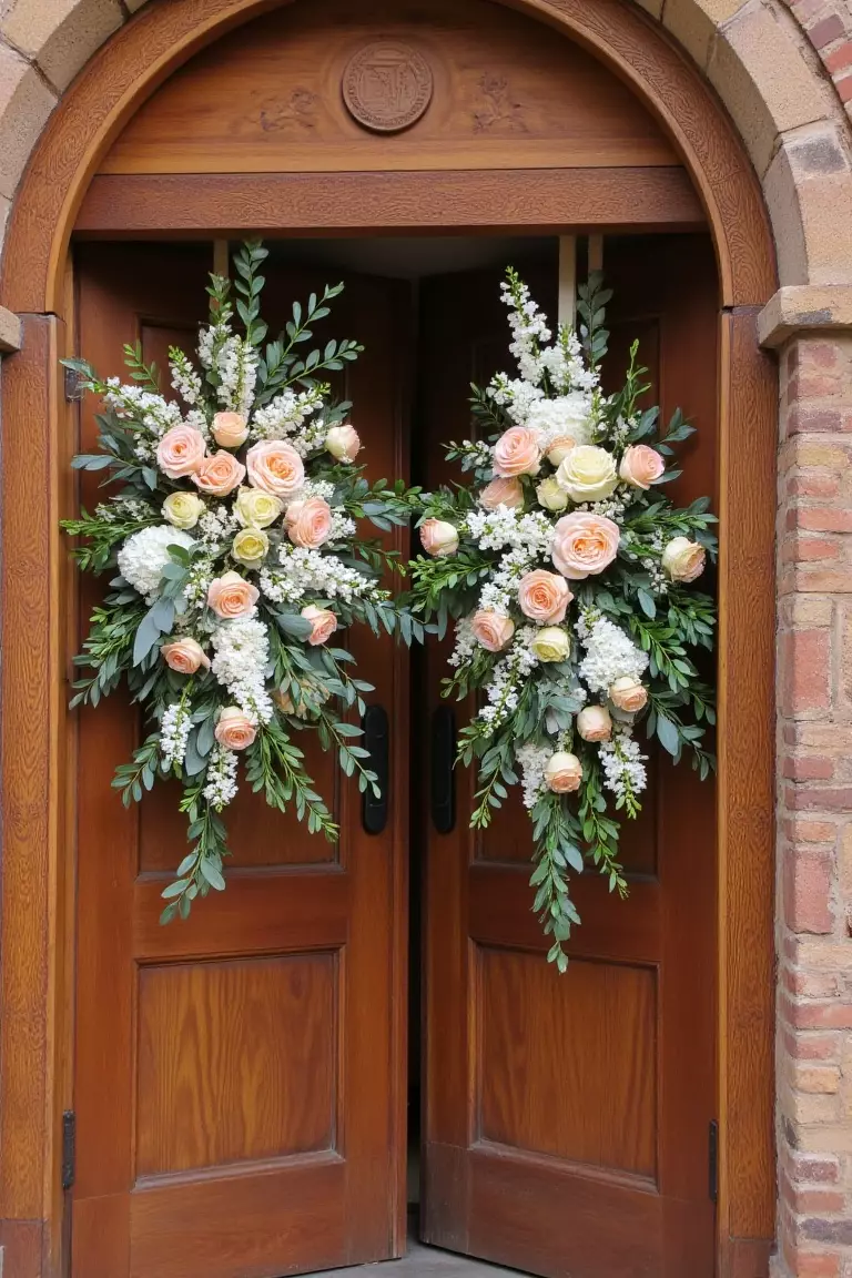 Hanging Church Door Flowers A photo of church doors decorated with hanging arrangements of peach and white roses with eucalyptus