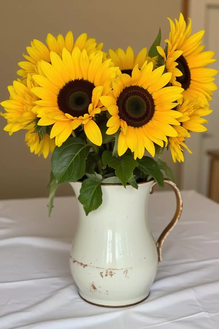 Bright Sunflower Display A photo of tall sunflowers arranged in a vintage pitcher, bringing cheerfulness to any table setting.