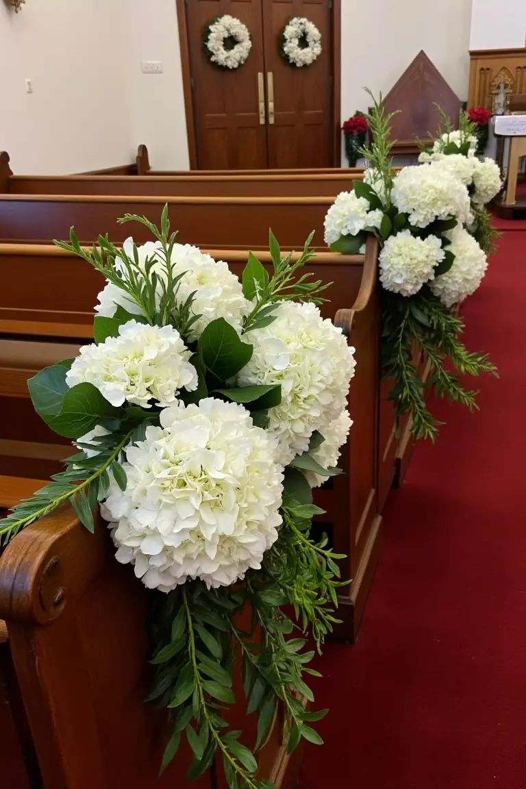 White Hydrangea and Greenery Decorations A photo of church pews decorated with white hydrangeas and cascading greenery, with matching wreaths on the doors