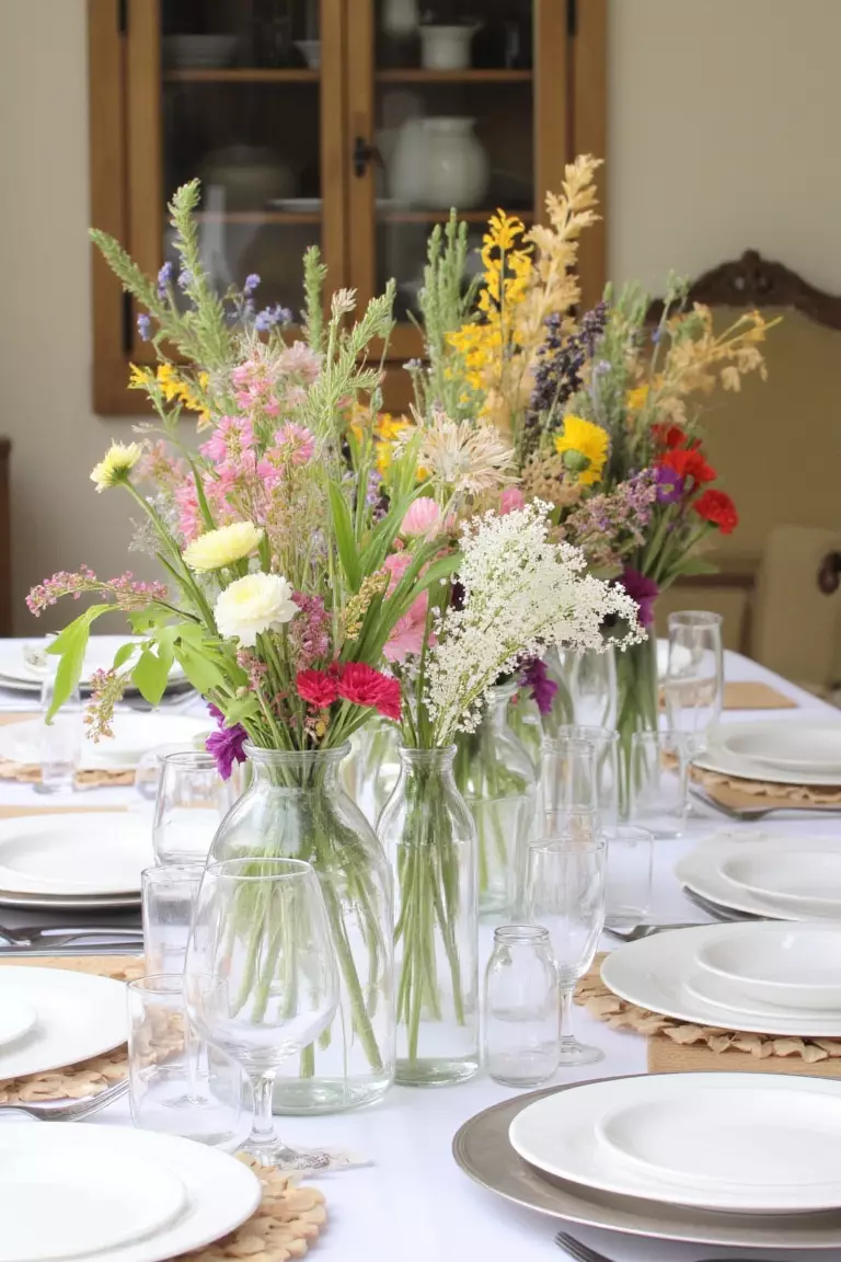 Long Table with Mixed Vases A photo of an elegantly set long dining table decorated with mismatched vases filled with seasonal wildflowers in various colors and heights.