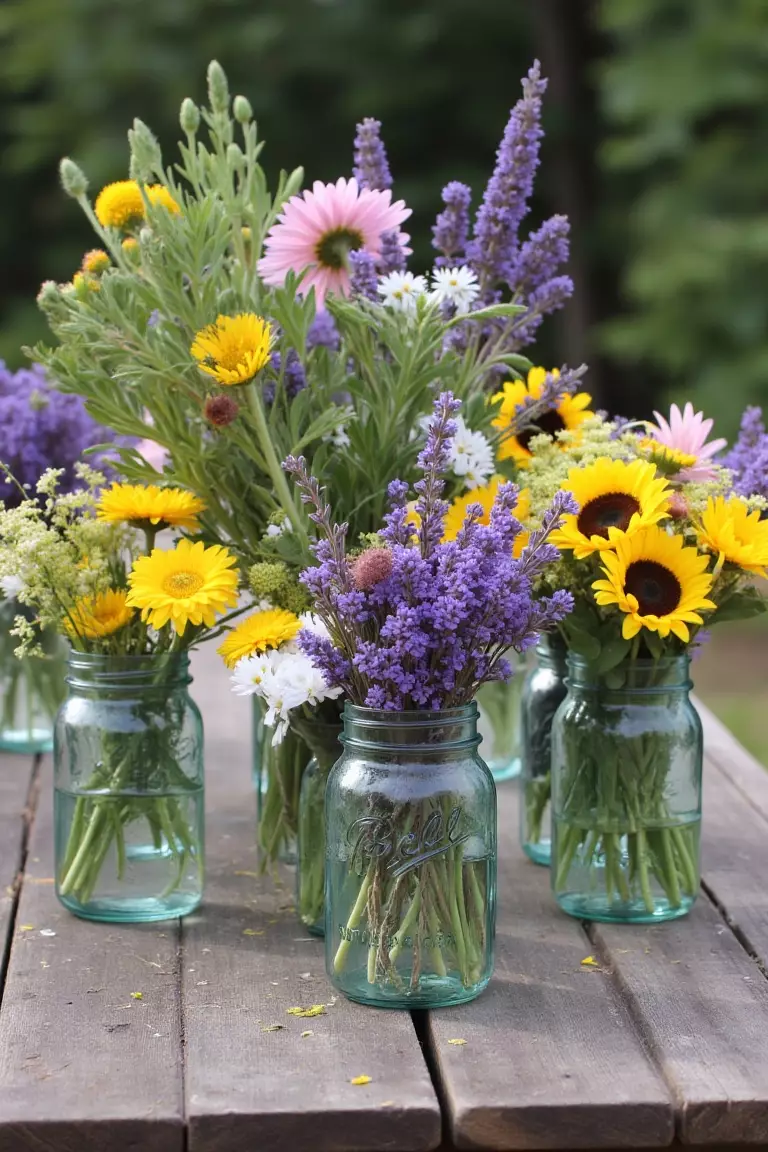 Rustic Mason Jar Arrangement A photo of a rustic wooden table adorned with a collection of mason jars filled with vibrant wildflowers like daisies, sunflowers, and lavender, creating a charming country vibe.