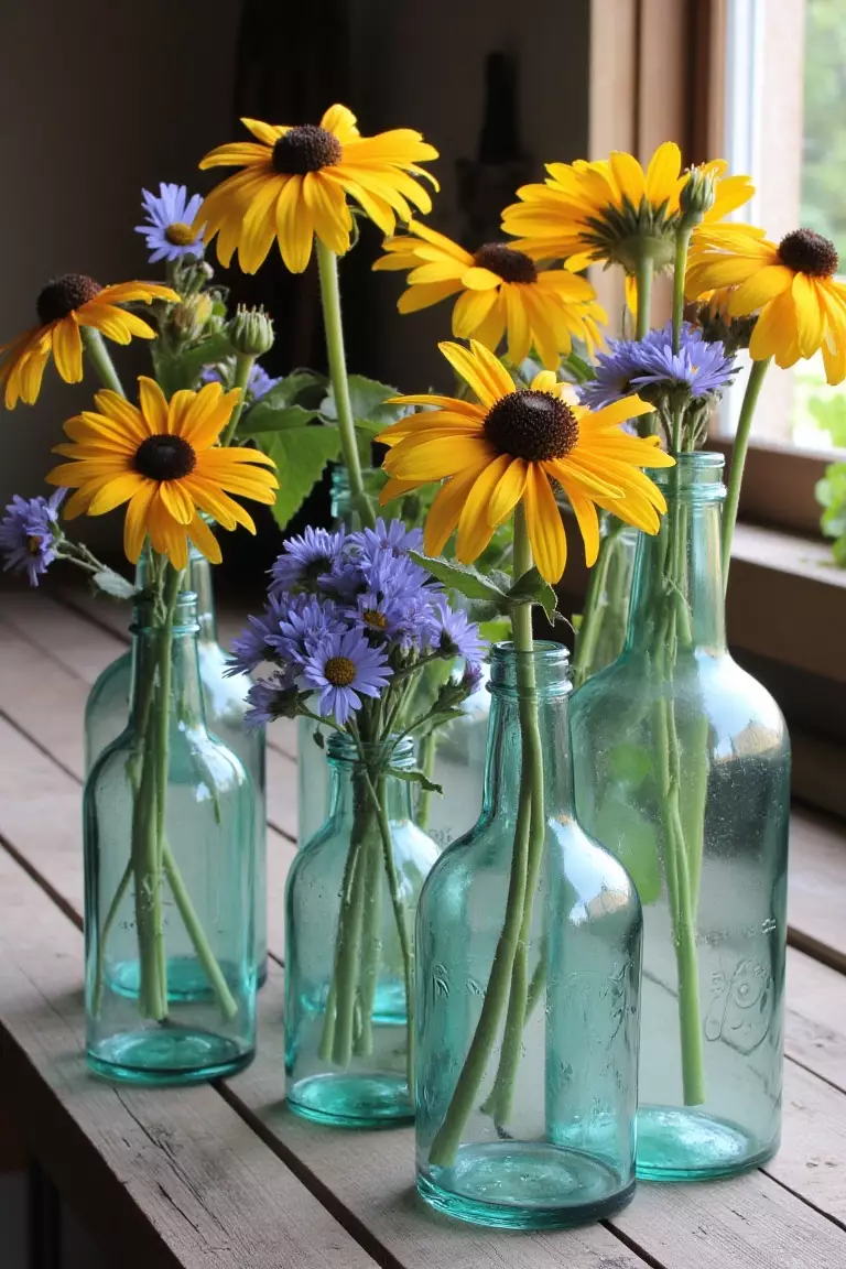 Glass Bottle Collection A photo of various glass bottles in different shapes and sizes, each holding a unique wildflower like cornflowers and black-eyed susans, arranged on a rustic wooden table.