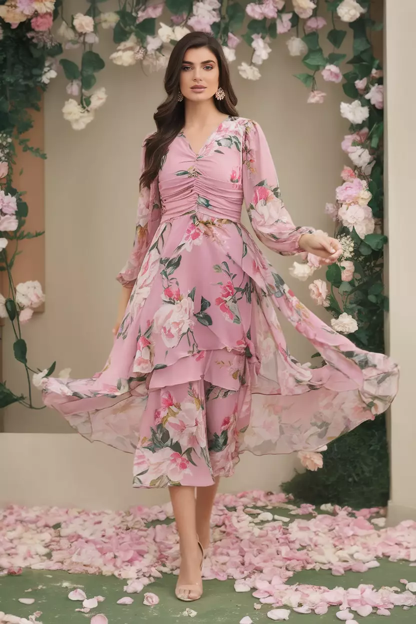 A beautiful model wears a pink floral print chiffon ruched drape midi dress, with soft layers cascading around her in a quaint botanical garden filled with pastel petals.