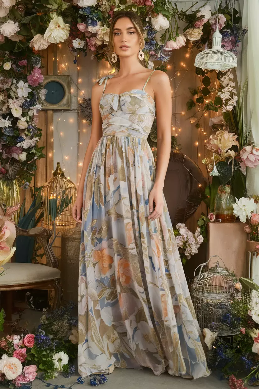 A woman wears a stone oversized chiffon floral print bandeau maxi dress, with a flowing silhouette and oversized design, set against a whimsical spring backdrop of vintage blooms and twinkling fairy lights.