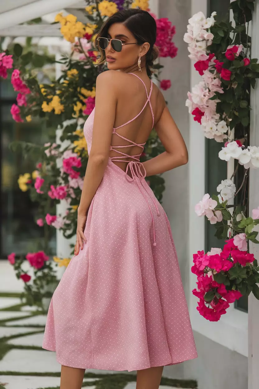 A stylish woman poses in a pink polka dot draped lace-up back midi dress, highlighting playful patterns as she stands amidst colorful spring florals in a breezy outdoor setting.
