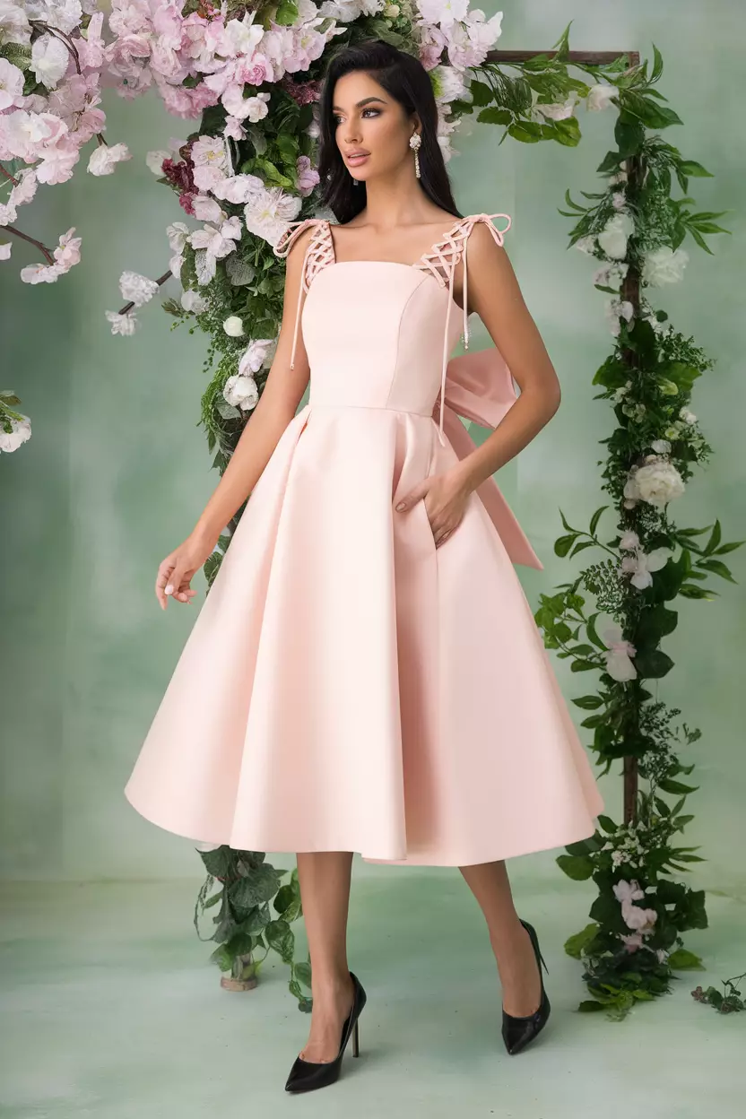 A fashionable woman dons a baby pink boned bandeau shift dress, displaying a chic silhouette as she stands gracefully against a backdrop of spring blossoms and greenery.