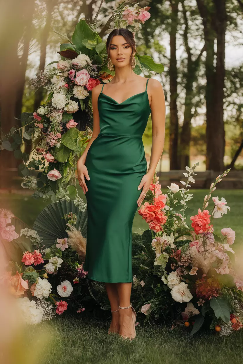 A stunning woman shows off an emerald green floral strappy satin cowl midi dress, standing amidst a vibrant floral arrangement that celebrates the essence of spring.