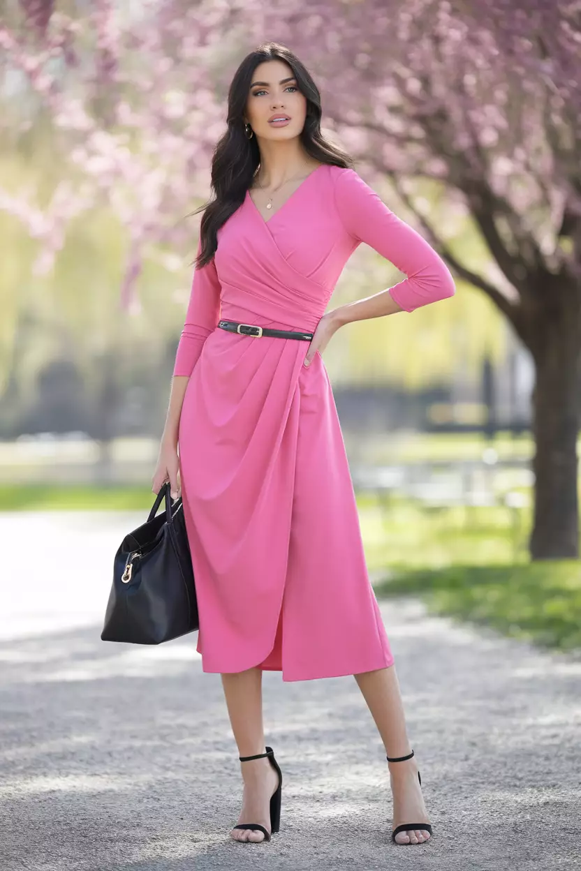 A stylish woman models a hot pink underwire detail draped midi dress, showcasing elegant lines and a flattering silhouette, with cherry blossoms framing the backdrop in a sunlit park.