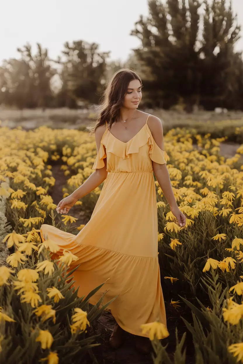 A woman models a lemon cold shoulder ruffle detail maxi dress with vibrant ruffles, gracefully posing in a sun-drenched flower field, surrounded by bright yellow blooms.
