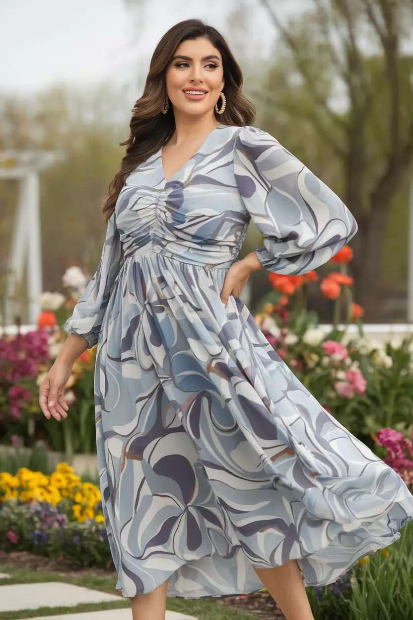 A beautiful woman poses confidently in a grey abstract print chiffon ruched drape midi dress, featuring flowing fabric that sways gently in the spring breeze, set against a blooming garden filled with vibrant flowers.