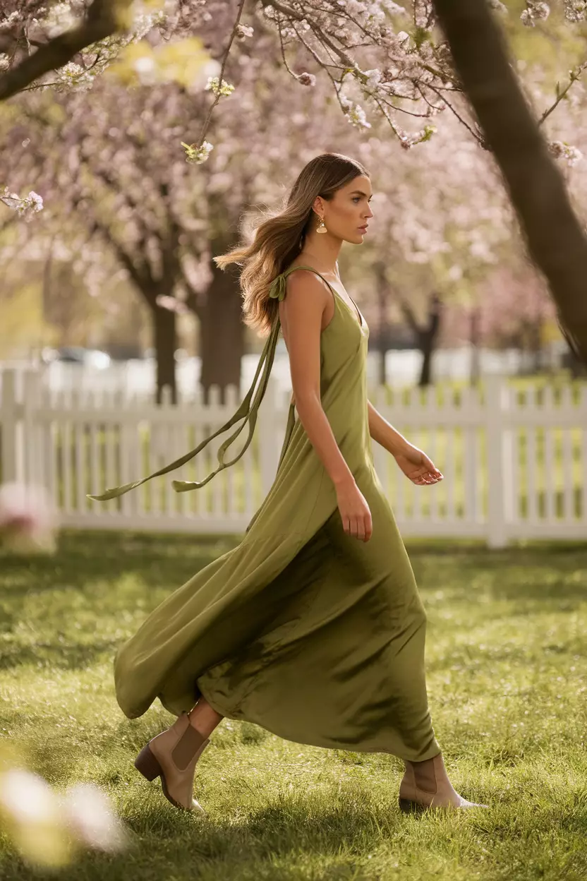 A chic woman showcases an olive satin tie back maxi dress that flows beautifully as she walks through a sunlit park, with spring blossoms framing her in soft focus.