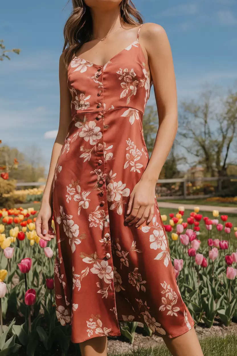 A woman in a rust floral print button detail satin midi slip dress radiates warmth and style, paired with a backdrop of blooming tulips under clear blue skies.