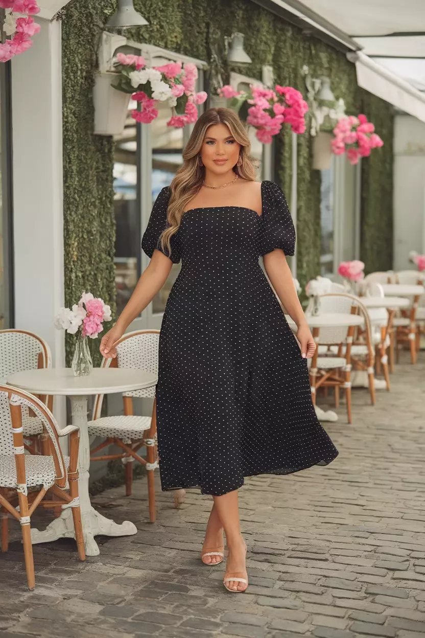 A plus-size model shines in a black polka dot bandeau puff sleeve midi dress that combines classic polka dots with modern puff sleeves, posing in a chic café terrace adorned with spring flowers.
