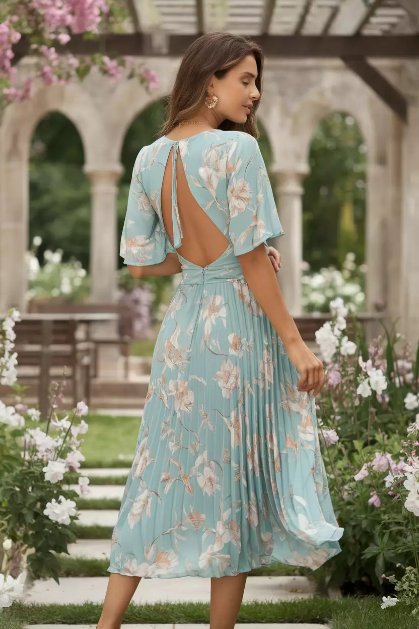 A beautiful woman showcases a pastel blue floral print open back pleated midi dress, standing in a serene garden filled with blooming flowers and dappled sunlight.