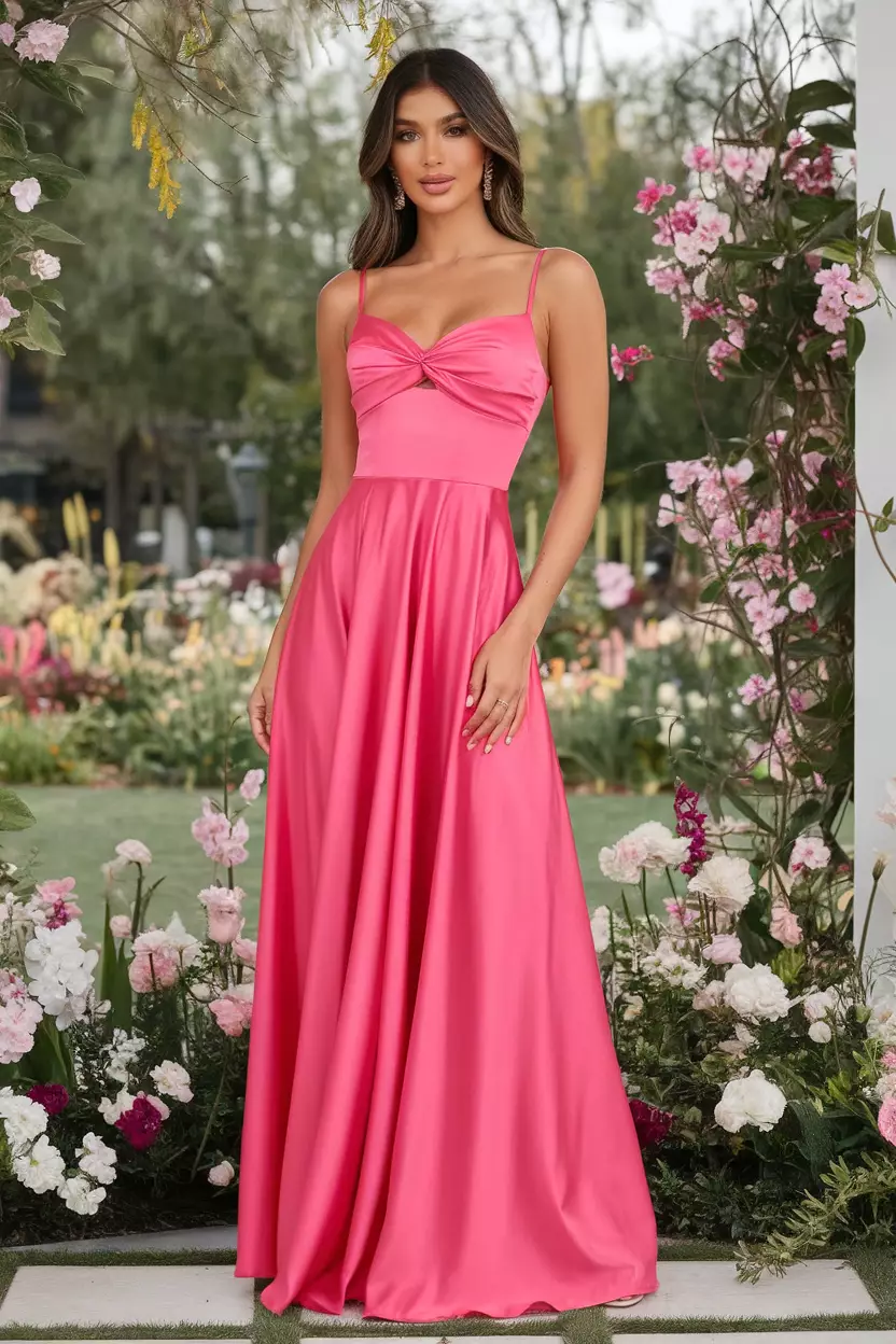 A stylish woman showcases a hot pink satin contrast twist cup midaxi dress, radiating confidence in a bright outdoor setting filled with spring flowers in full bloom.