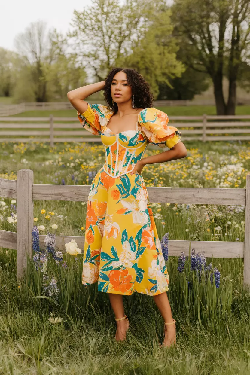 A stylish woman shines in a yellow floral corset midaxi dress that highlights a vibrant color palette, posed against a beautiful spring meadow filled with blooming flowers.