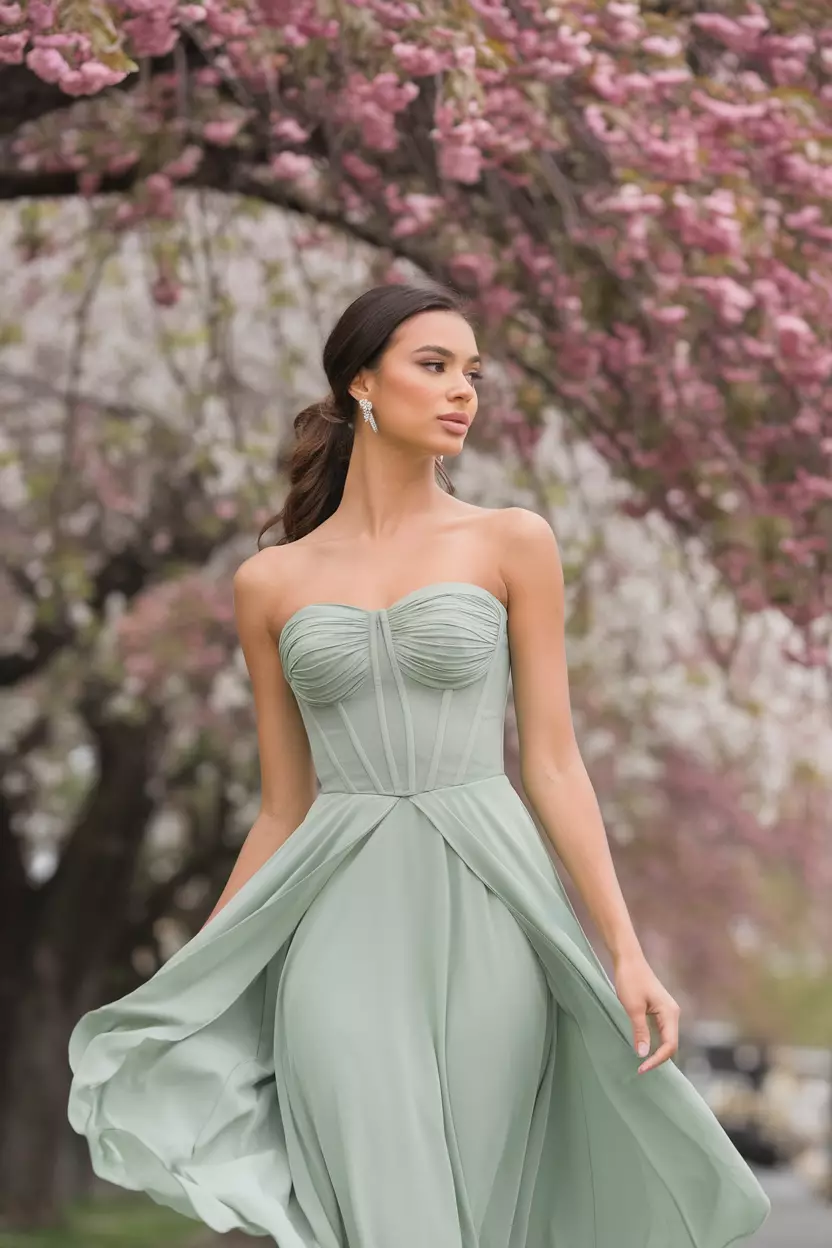 A graceful woman showcases a sage green chiffon corset bandeau draped midi dress, with structured bodice and soft draping, while standing beneath a canopy of blossoming cherry trees in full bloom.