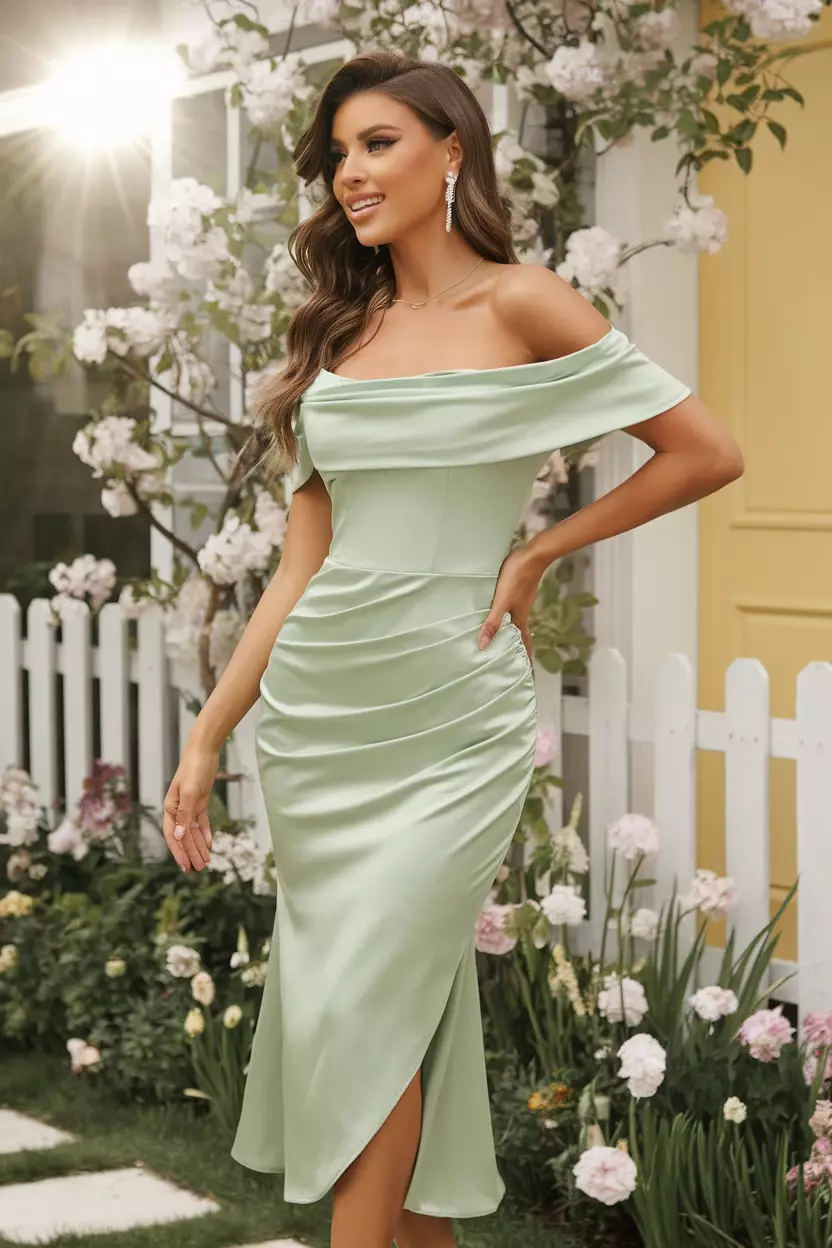 A woman exudes elegance in a sage green satin off the shoulder draped skirt midi dress, surrounded by a picturesque garden blooming with flowers under a bright spring sun.