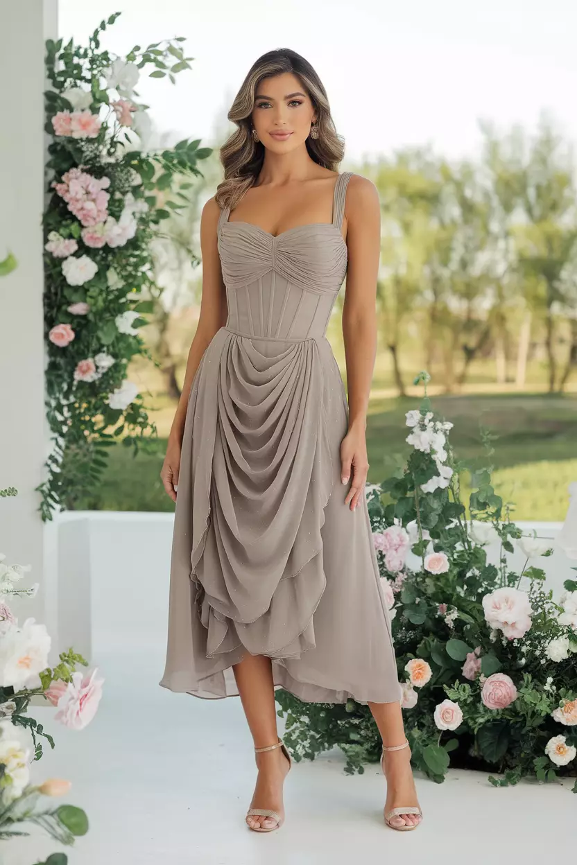 A confident woman stands in a taupe chiffon corset bandeau draped midi dress, with soft draping and delicate details, surrounded by lush greenery and pastel-colored flowers in a serene outdoor setting.